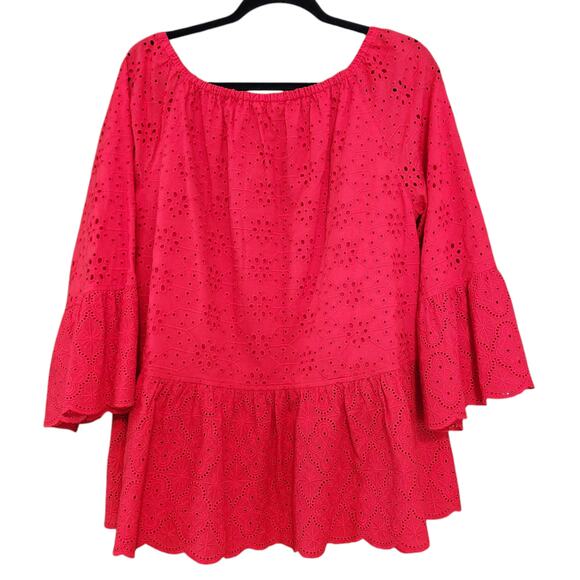 John Mark Red Eyelet Peasant Blouse Top, Cotton, Ruffle Sleeves sz XL - Picture 5 of 12